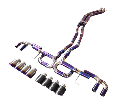 A Lamborghini Urus titanium catback exhaust system with multiple exhaust pipes and components, displayed on a white background.