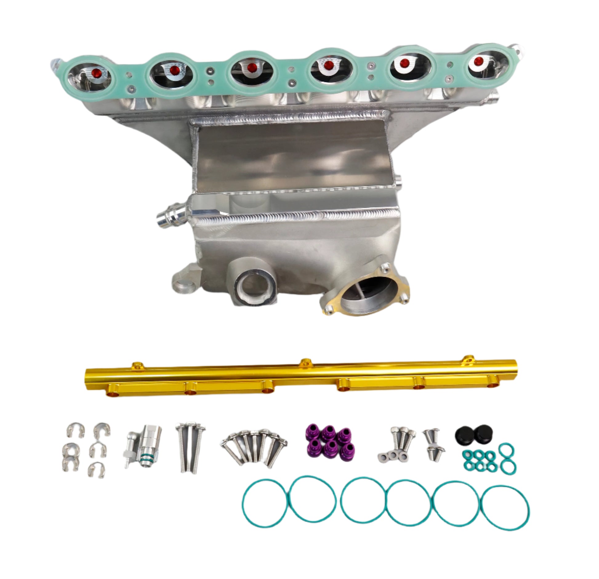 Engine parts including a metal manifold, gold pipes, and various small components on a gray background.