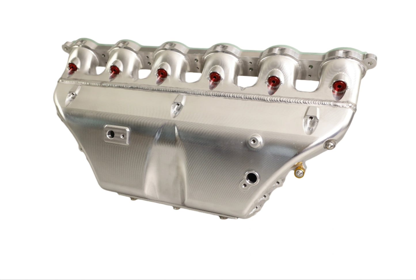 Metallic engine component on a gray background