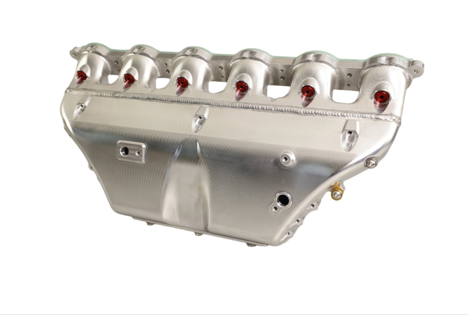 Metallic engine component on a gray background